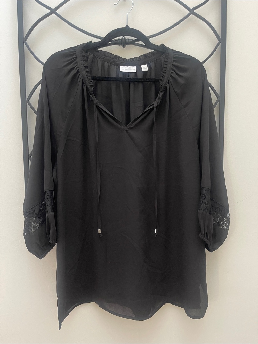 Black Women’s Tie-Neck Blouse with Lace Trim